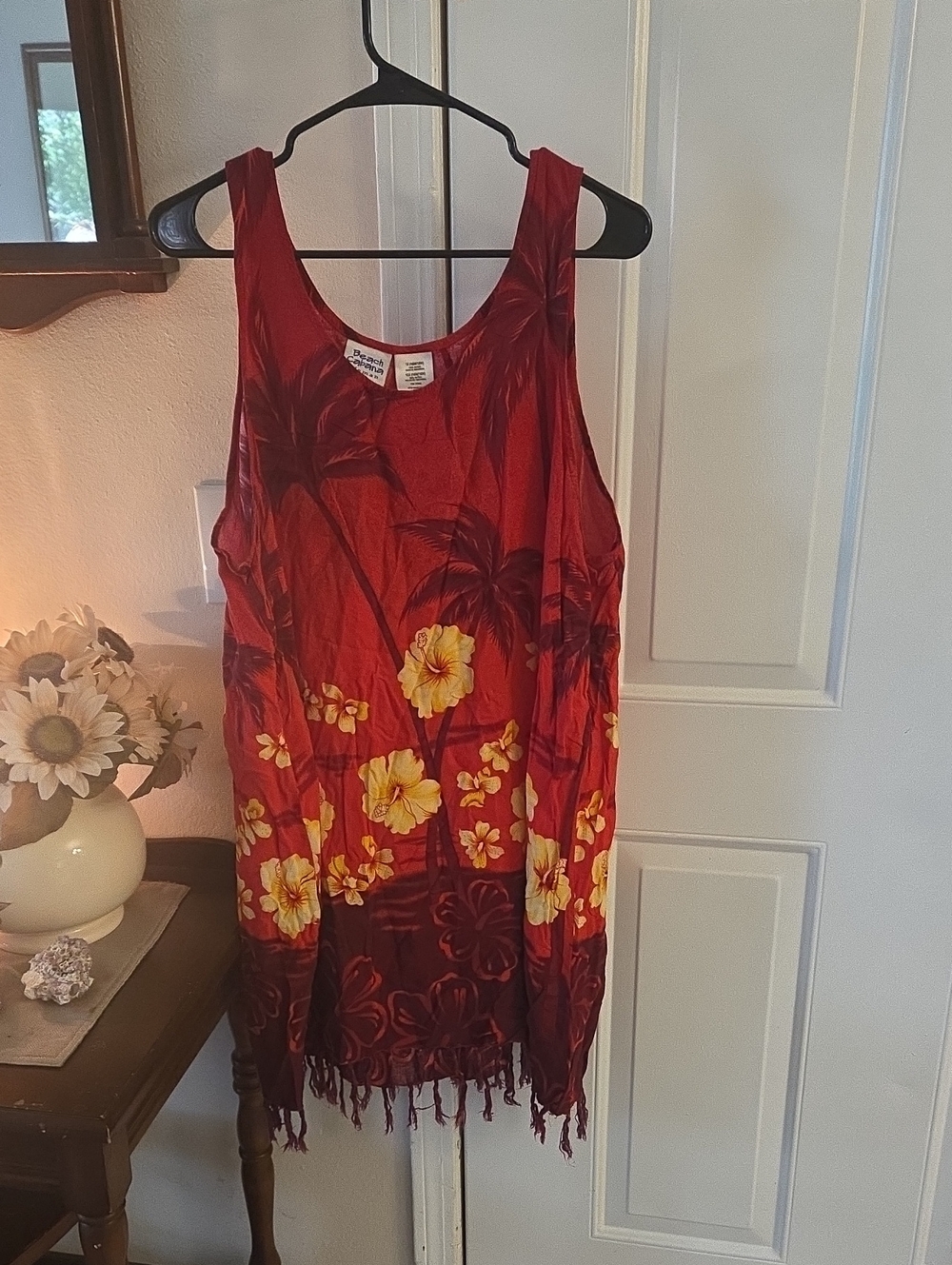 Beach Cabana Sleeveless Red Floral Fringe Mini Dress with Yellow Hibiscus 1x